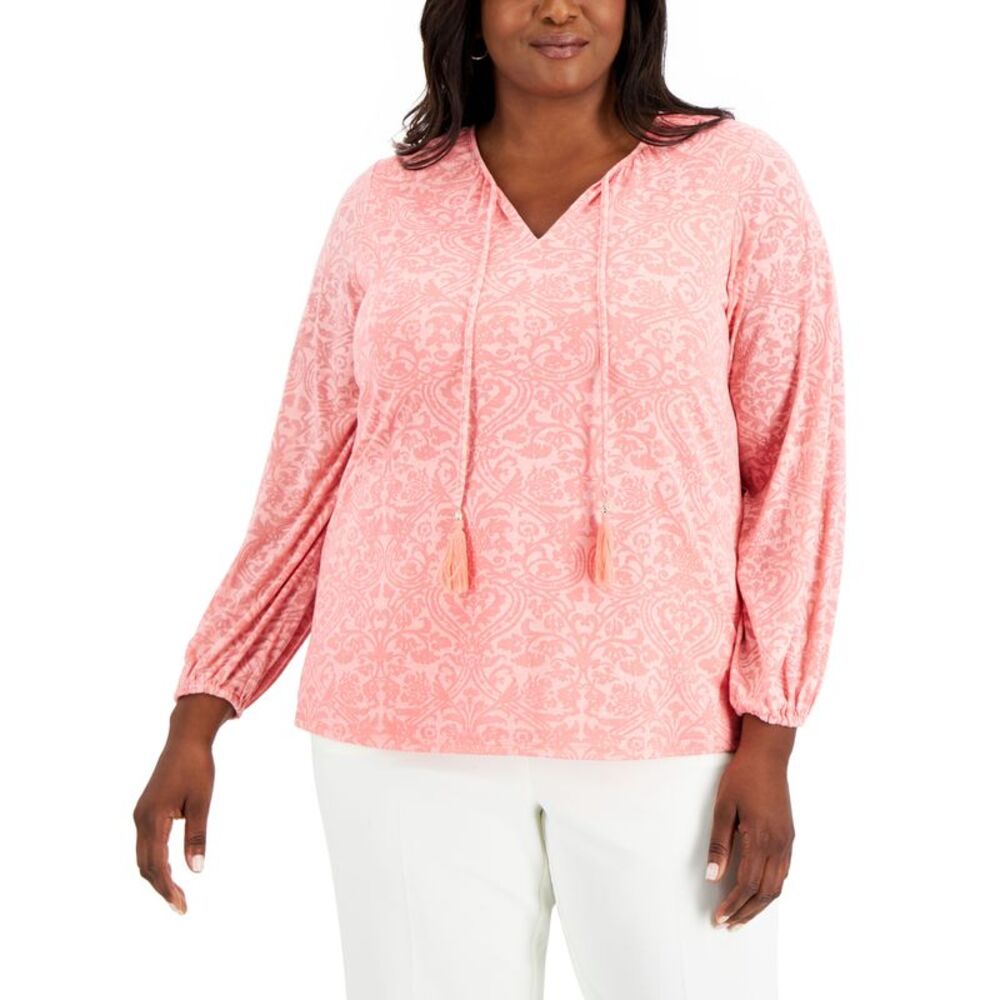 JM Collection Plus Size Printed V Neck Top